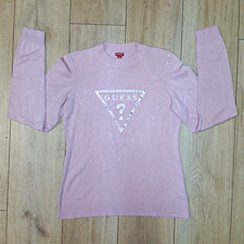GUESS Women's Pink Knit Crew Neck Logo Long Sleeve Pullover Sweater L 1052