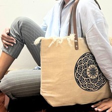 Baumwoll-Tragetasche mit Ledergriffen Mandala