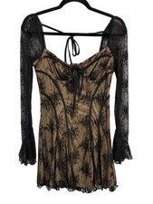 Shein Bae Mini Dress Size Large Lace Tie Back Long Bell Sleeve Black Beige NEW