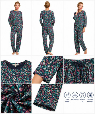 Damen Seasalt Baumwolle Jersey Weich Blumen Pyjama Set Sonnenschein Blätter Jade Tiefen