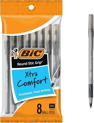 BIC Round Stic Grip Black Ballpoint Pens Medium 8-Pack