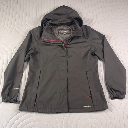 Eddie Bauer Womens Rain Jacket Size L Black Pink Hooded Lined Zip Pocket Outdoor