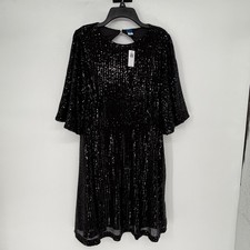 Old Navy Black Sequin Mini Dress Flutter Sleeve Keyhole Back Size L NWT