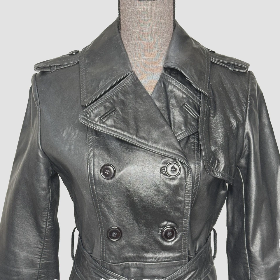 Trench coat feminino de couro genuíno 9 10 preto com cinto longo peito duplo - Imagem 3 de 4