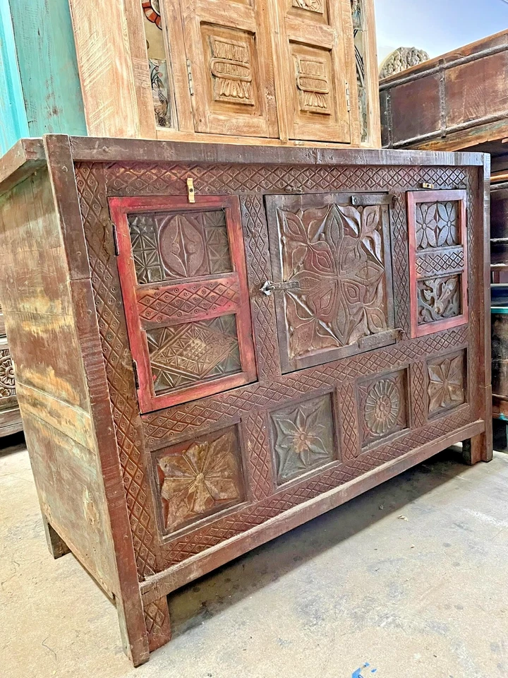Antiguo aparador tallado India cofre rústico granja TV soporte bar Credenza 53 Foto 2 de 4