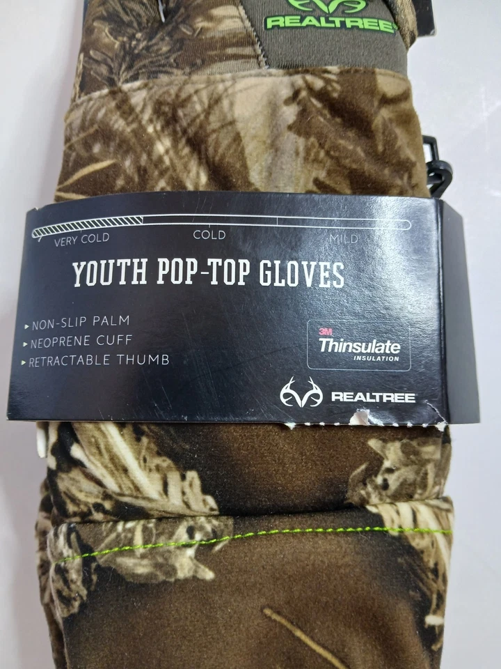 Realtree Youth Pop-top Gloves Size M Camo Hunting Outdoors Insulated Gloves New - Image 2 of 4