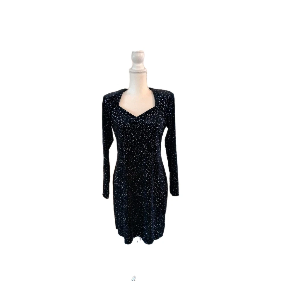 Vtg Velvet Mini Dress Medium 80s 90s Bling Glam Sparkle Long Sleeve Party  - Image 3 of 4