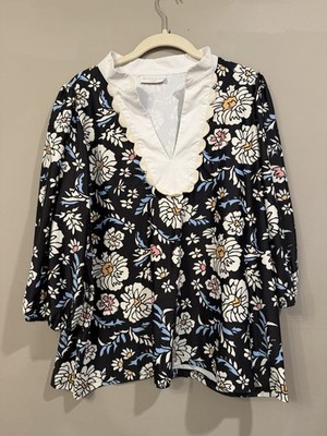 Smith And Quinn Black Floral Scalloped Blouse Large Flowy UPF 50