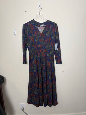 Karina Navy Jeweled Leaves Cecilia Dress M/L Made in USA Fit and Flare Midi NWT