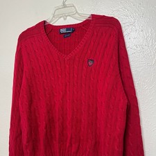 Polo Ralph Lauren Sweater Mens L Red Cable Knit Crest V Neck Vintage