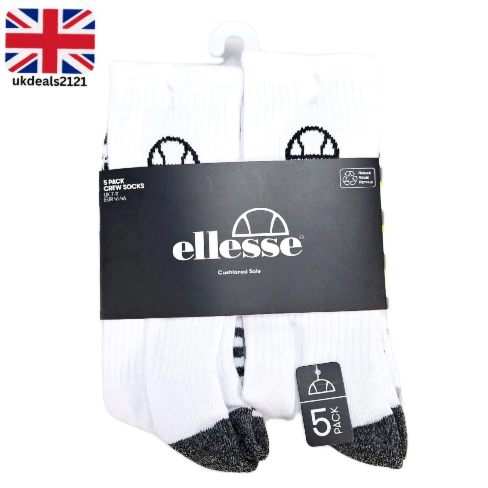 Men's Crew Socks 5 Pack UK 7-11 EU41-46 Black White Cotton Comfort Wears ELLESSE