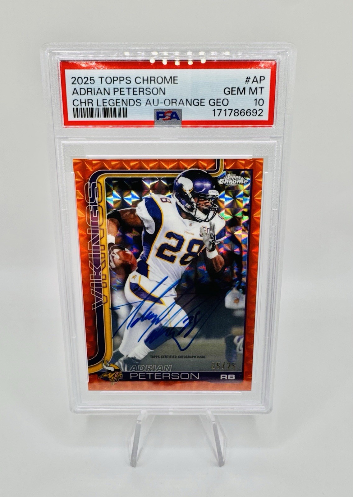 2025 Topps Chrome Adrian Peterson Orange Refractor 25 /25 Auto PSA 10 💎 (POP 1) view 1