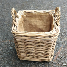 Square natural wicker log basket, Hessian lined