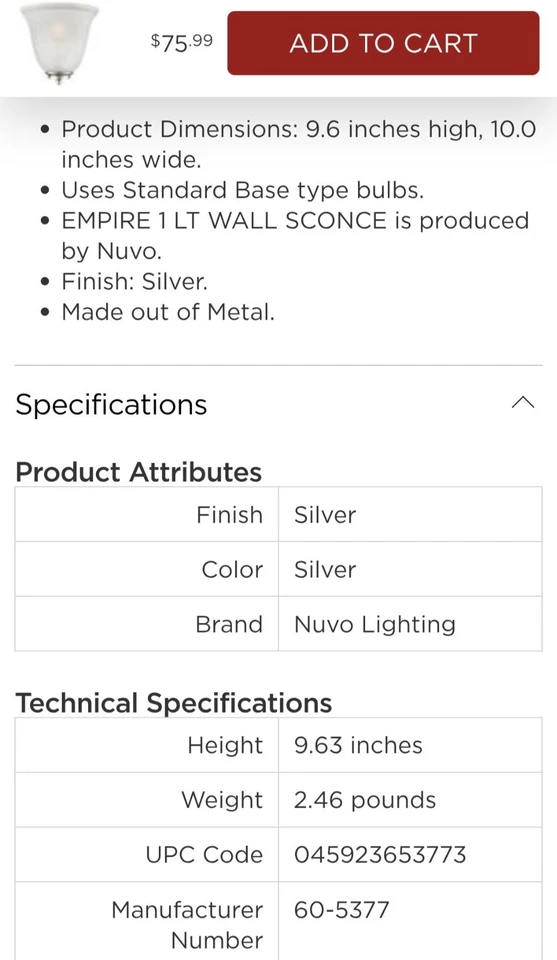 2pk Nuvo Lighting Empire 1 Light Wall Sconce Brushed Nickel with Frosted Glass - Image 2 of 2