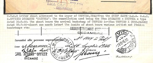 Eritrea BOIC OHMS ADMINISTRAZIONE DECAMERE Gütesiegel 1946 Brief * TREVISO Italien AG218 - Bild 3 von 3