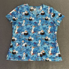 Disney Frozen Womens Scrub Top Shirt M Blue Olaf All Cotton Fall Leaves Pockets