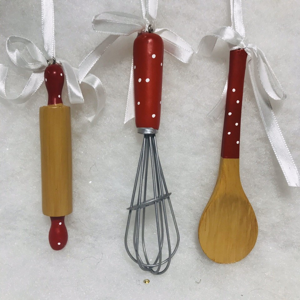 Kitchen Utensil Christmas Ornaments, Rolling Pin, Whisk. Spoon. Polka