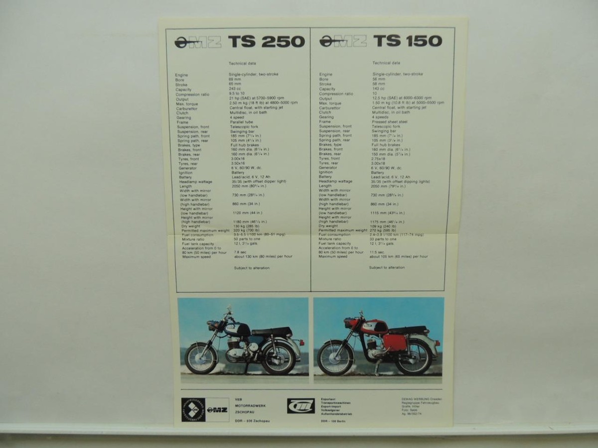 1974 OMZ TS250 TS150 Brochure With Specifications L9400 | eBay