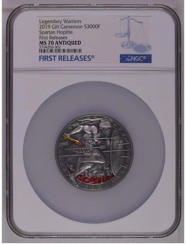 NGC MS70 FR 2019 Cameroon Spartan Hoplite Legendary Warriors 3Oz Silver Coin