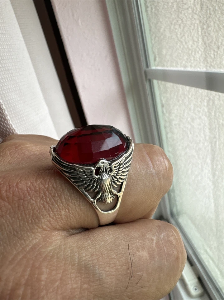 Eagle Ruby Stone Jewelry Turkish Handmade .925 Sterling Silver Men's Ring Sz 15 - Image 3 of 4