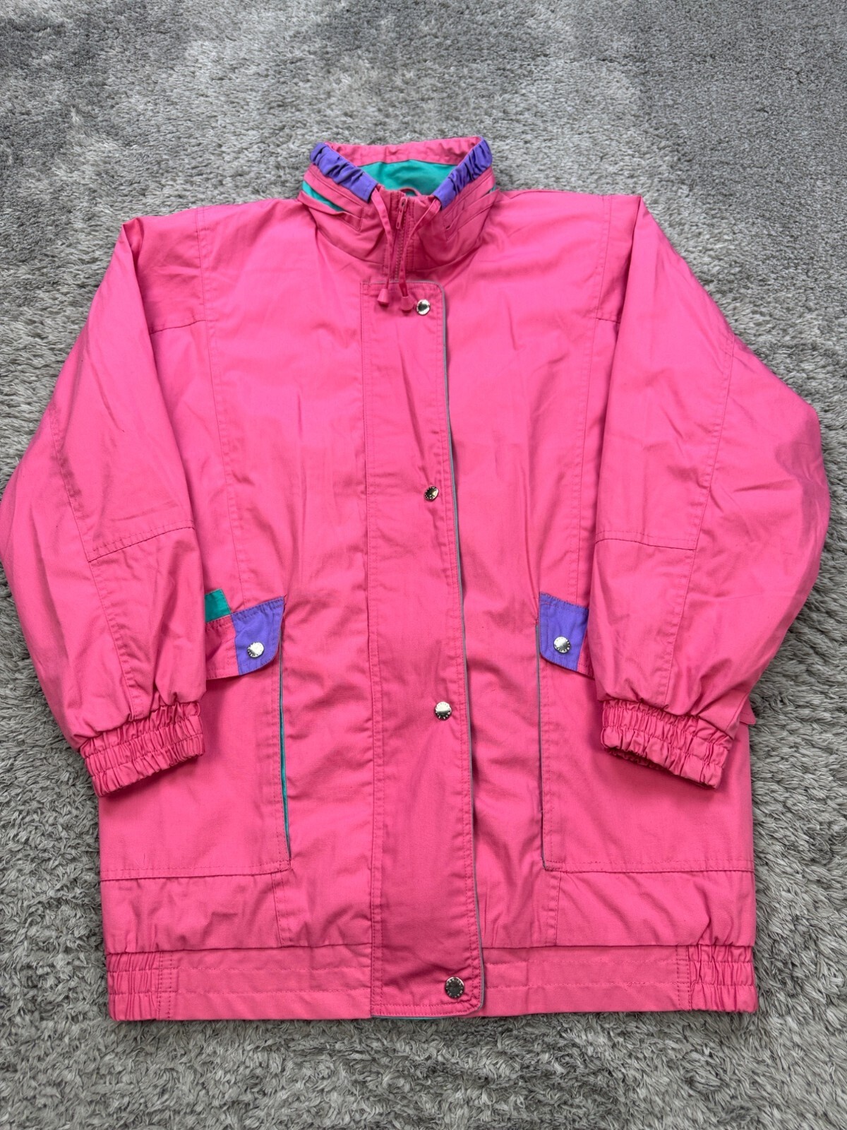 Vtg Mariel Jacket Women Large Neon Pink Hidden Hood Y2K Windbreaker Chore Coat