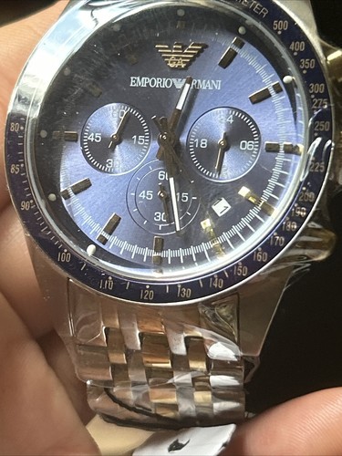 Emporio Armani Navy Blue Dial Chronograph Silver Gold Tone Men's Watch - Picture 13 of 16