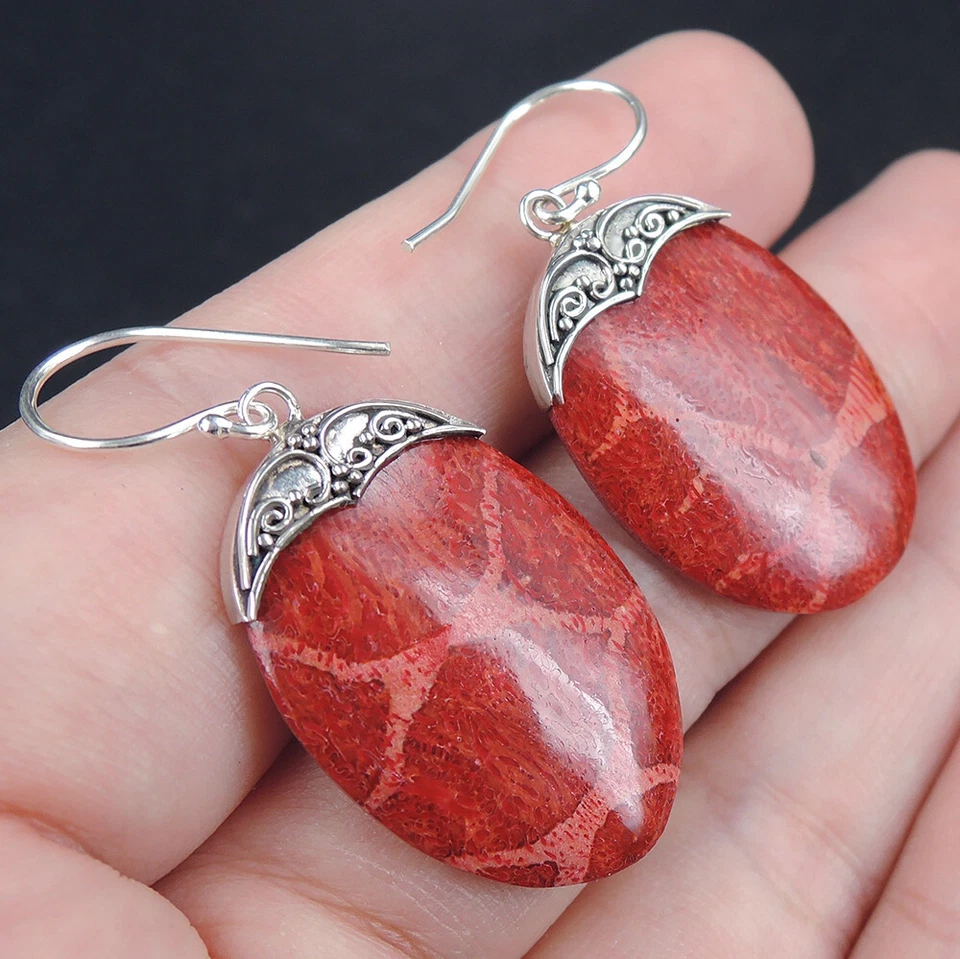 Orecchini in argento sterling 925 ovale corallo rosso naturale fatti a mano g... - Immagine 3 di 4