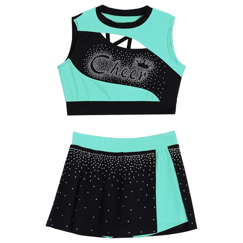 Kids Girls Cheerleading Uniform Shiny Crop Top with Skirt Set Cheer Fancy AU - Picture 71 of 90