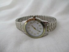 Accutime Watch Silver Tone Stretchy Band White Round Face Minimalist WORKING 