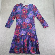 Vintage Lloyd Williams Dress Women's 14 Purple Floral Silk Drop Waist Ruffle Hem