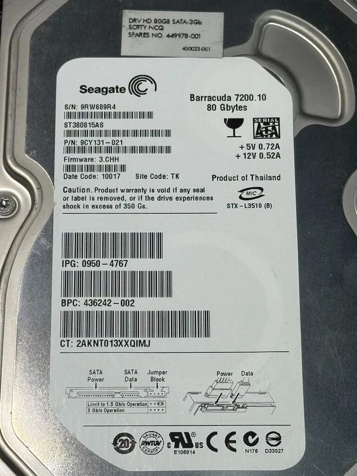 HP 436242-002 ST380815AS 9CY131-021 80GB 7.2K FW 3.CHH Date code 10017 SATA 3.5" - Image 3 of 4