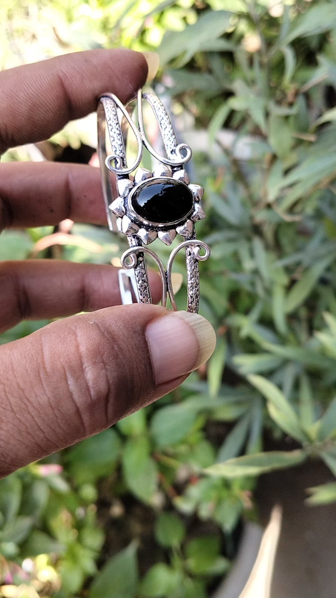 Black Onyx Gemstone Bracelet 925 Sterling Silver Cuff Bangle