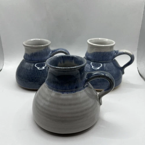 3 Vintage Art Pottery Studio Design Nonslip No Spill Travel  Mug Cup Blue White