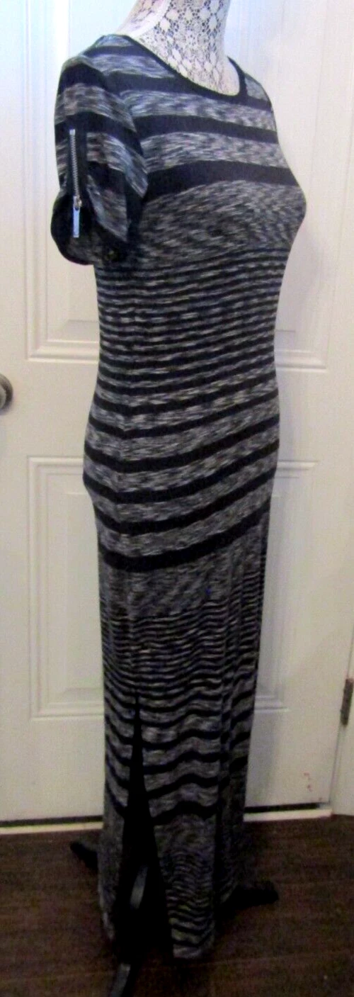 Michael Kors Maxi Abito Nero Righe Elasticizzato Maniche Corte Cerniera Donna Tg S
