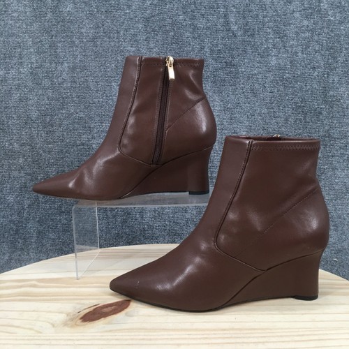 Franco Sarto Boots Womens 9.5 M Temira Ankle Booties Wedge Heels Brown Leather - Picture 2 of 16