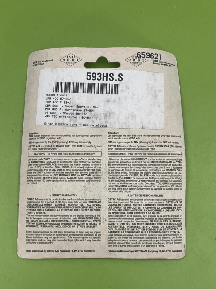 Par de pastillas de freno sinterizadas SBS - 593HS para Honda CBR600 CBR 600 600F2 F2 VTR250 Foto 3 de 4