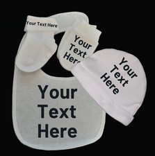 Personalised Create your own Your Text baby bib/Mittens/Sock/Beanie