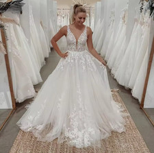 3d Flowers Wedding Dress for Woman V-Neck Sleeveless A-Line Lace Appliques