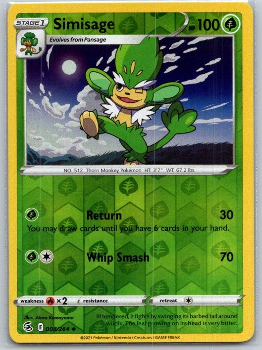 Simisage 008/264 Uncommon Fusion Strike Pokemon Reverse Holo Near Mint
