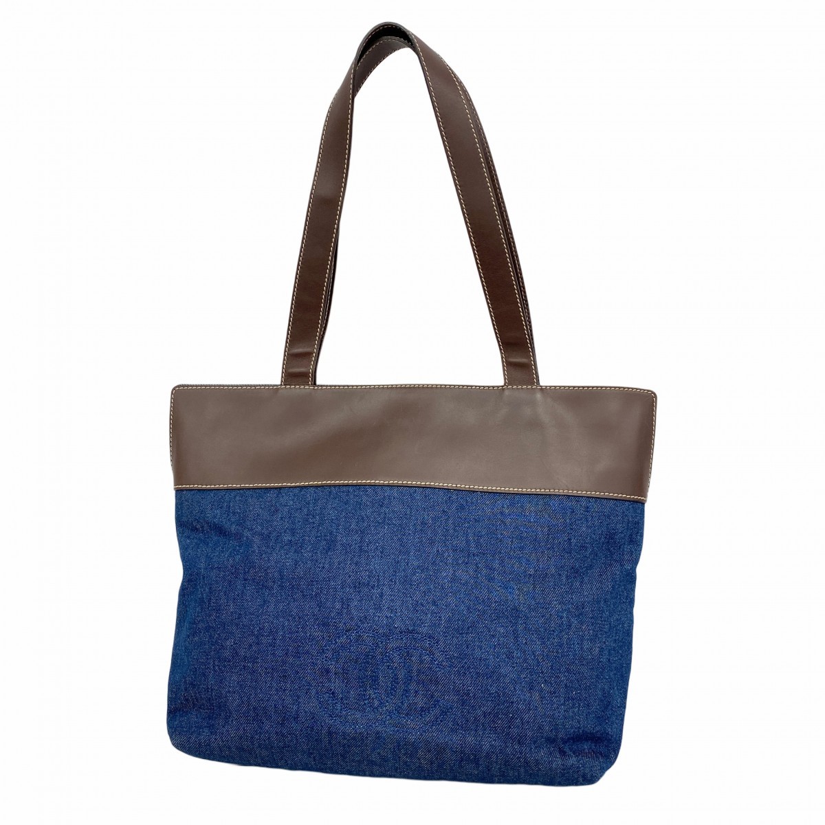 CHANEL Denim Blue Tote Bag with Brown Leather & Gold Hardware for Women