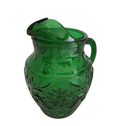 Vintage Anchor Hocking Green Sandwich Pattern Glass Pitcher Paneled 7" Mint