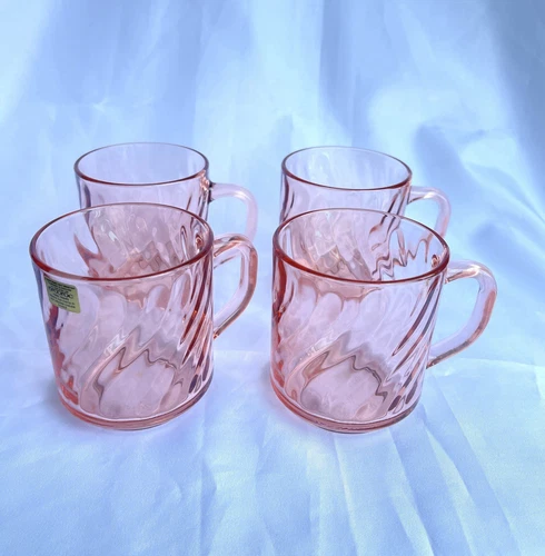 Arcoroc France Rosaline Pink Swirl Glass Mugs 8 oz Depression 4 Tea Cups Vintage