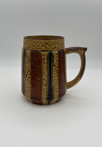 Vintage MCM Black Brown Stripe Speckled Stoneware Art Pottery Stein Mug 24oz