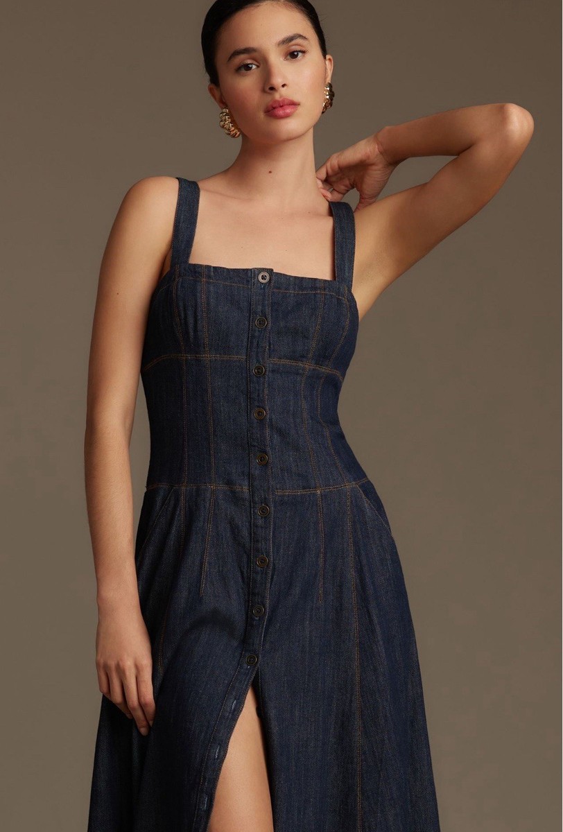 Anthropologie Maeve Denim Dress Button Front Corset Preppy Boho Retro Size  8 NWT