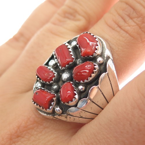 Robert Shakey Navajo Old Pawn 925 Sterling Silver Vintage Coral Ring Size 12.5 - Picture 2 of 9