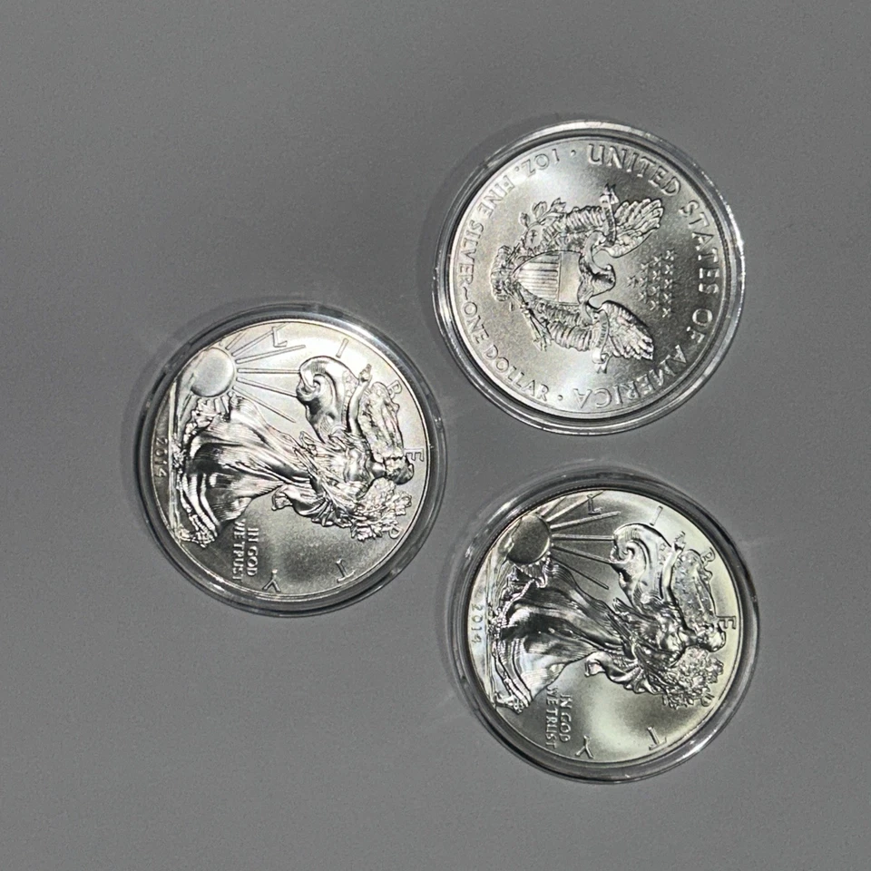 3x 1 Oz American Silver Eagles 2014 Mint Fresh, Gems, Gloved & Sealed LOT 8 of 8 - Image 4 of 4