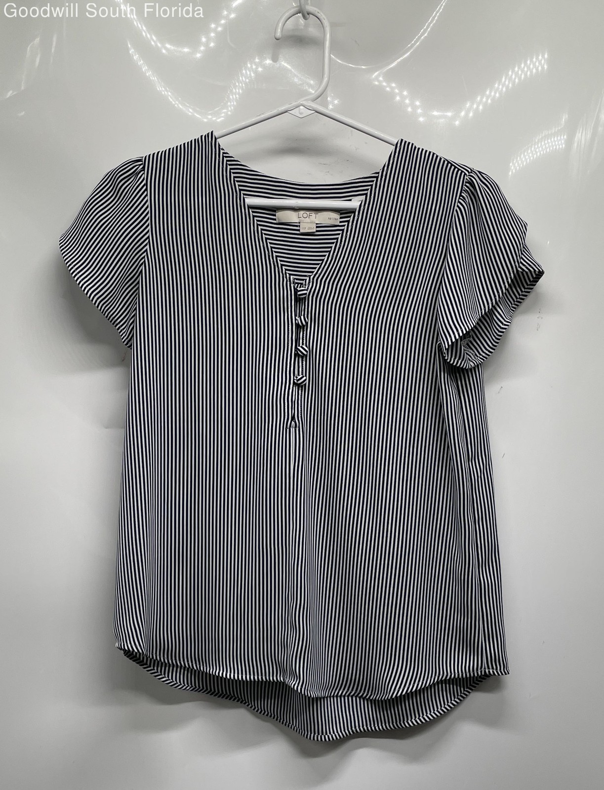 Loft Womens White Black Striped Cap Sleeve Button Front Blouse Top Size XXSP