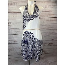 Nine West Urban Nomad Halter Dress Navy White Medallion Print Size 14 NEW