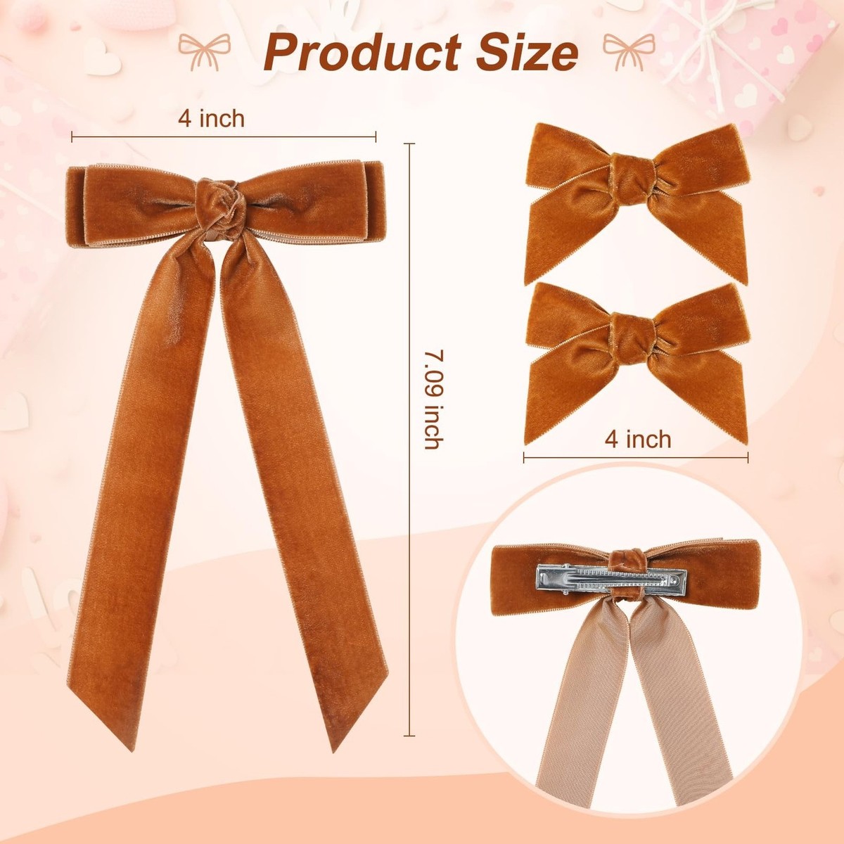 3PCS Velvet Hair Bow Brown Hair Ribbon Clips for women Girls Fall