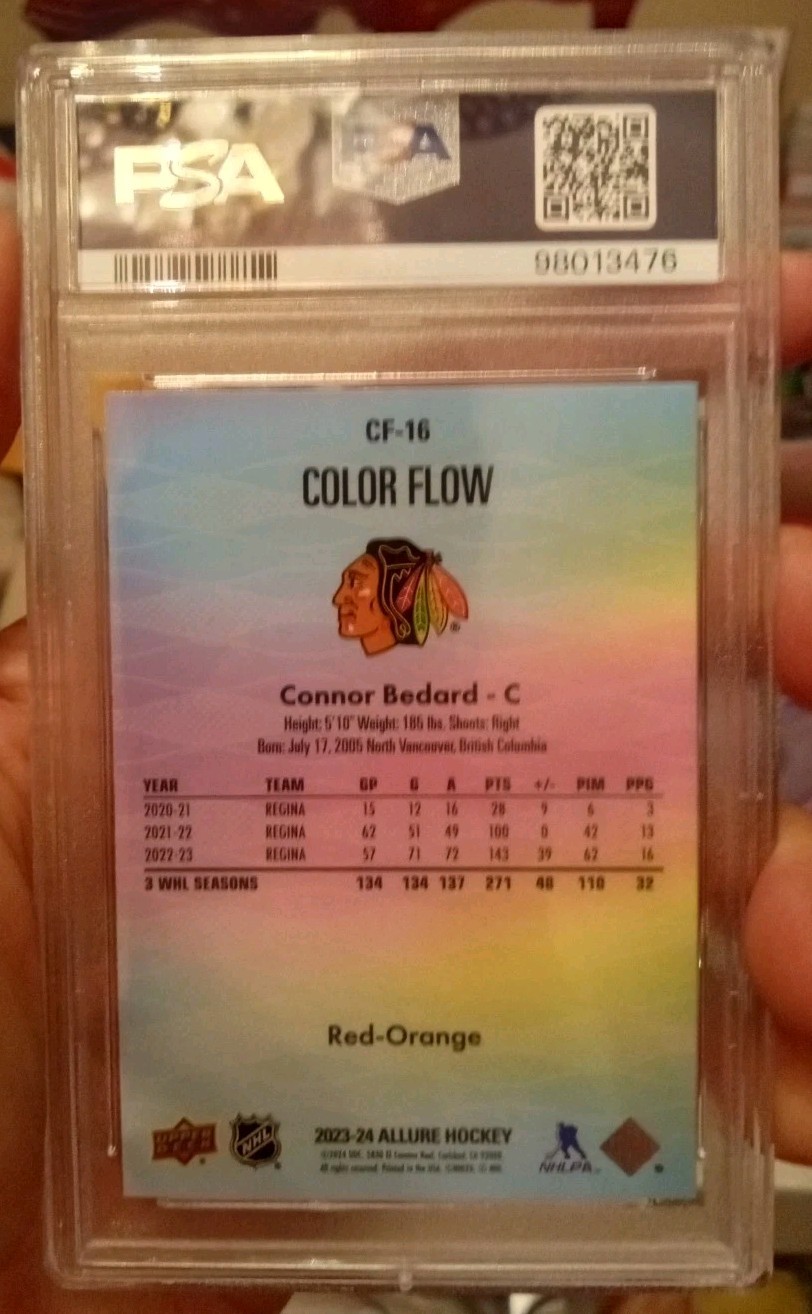 Connor Bedard 2023 Upper Deck UD Allure Color Flow Red Orange RC #CF16 PSA 10 view 2